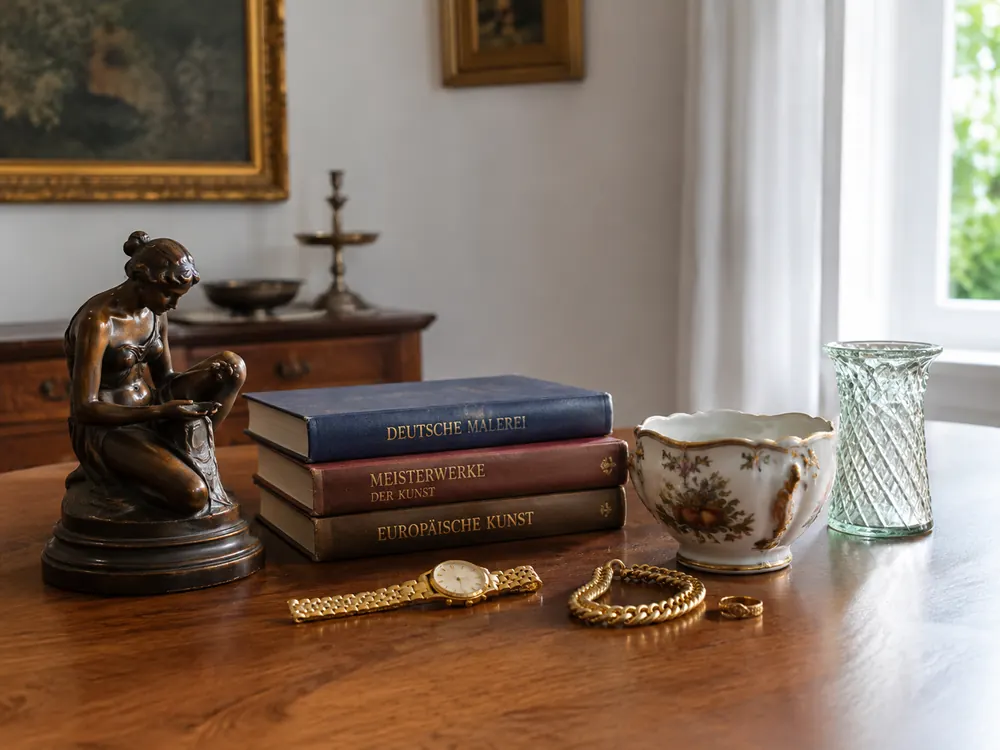Auf einem Tisch liegen sortiert eine Bronzefigur, Kunstbücher,
                  eine goldene Armbanduhr, eine Goldkette, ein Ring, eine
                  Porzellanschale und eine Glasvase — bereit zur Bewertung